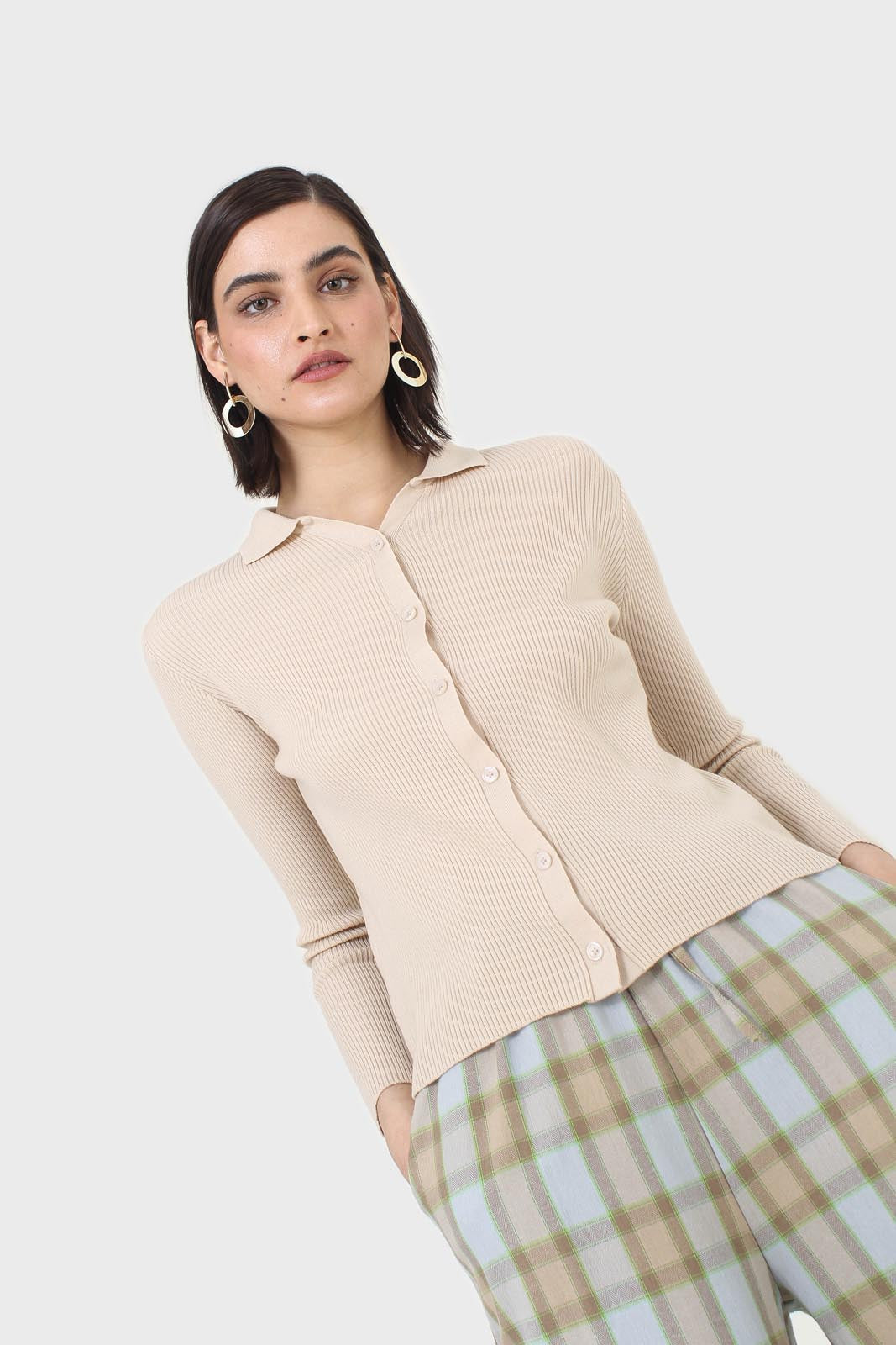 Beige button front polo knit top_9