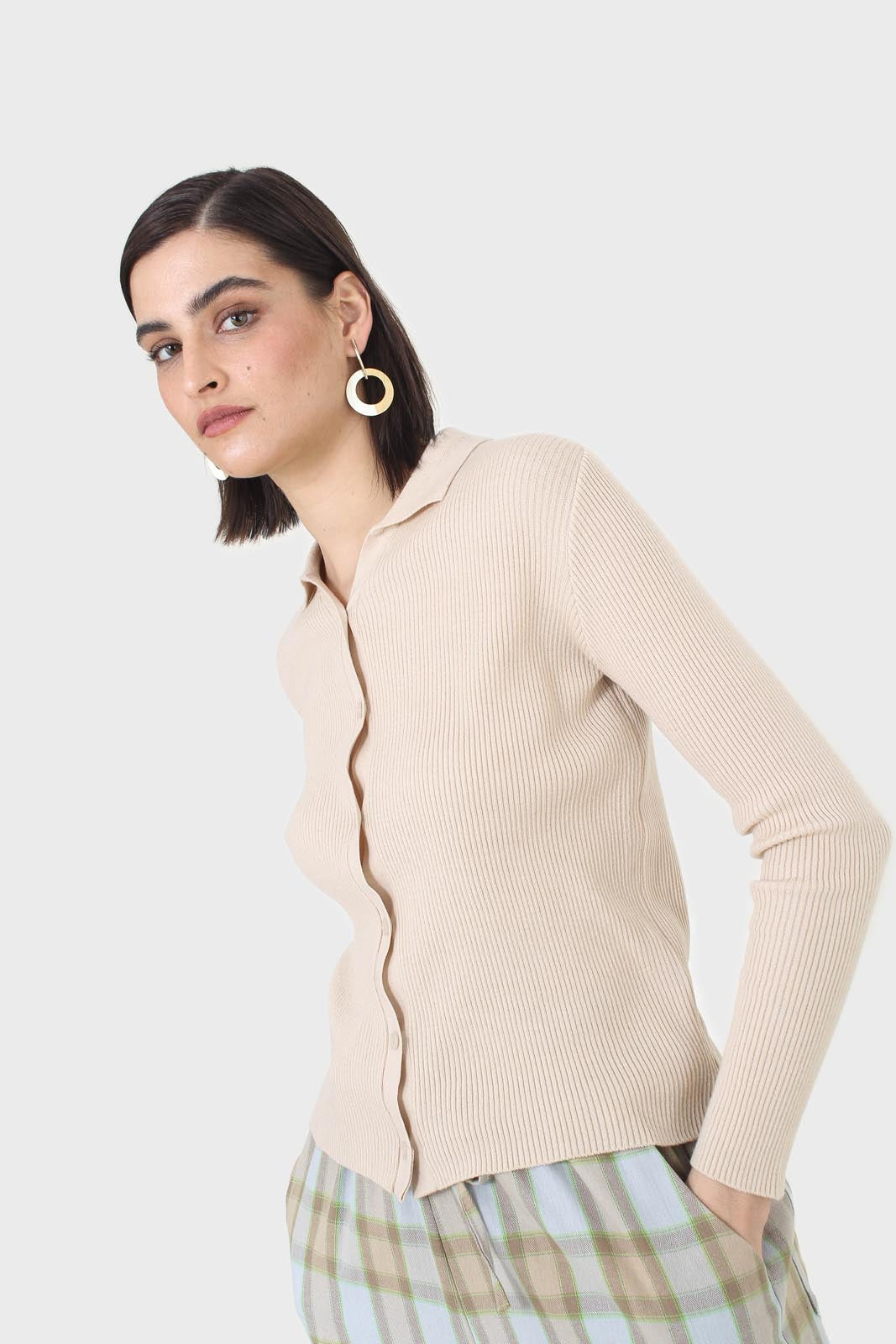 Beige button front polo knit top_10