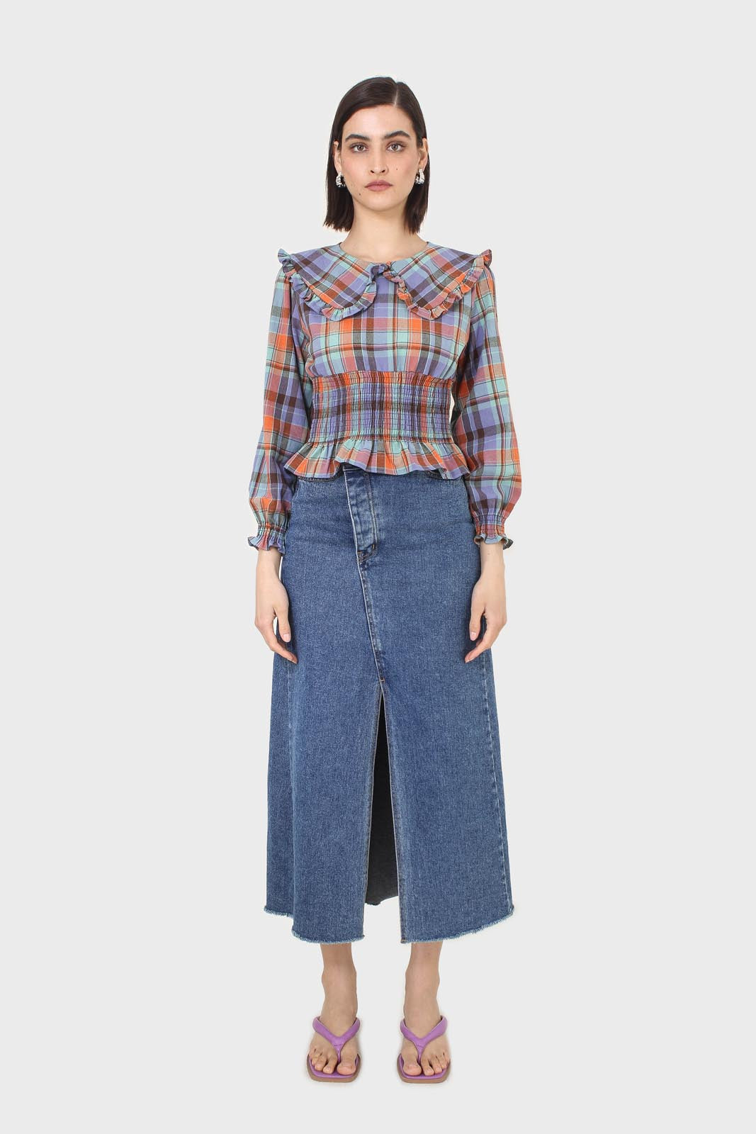 Blue and orange checked large collar blouse_3