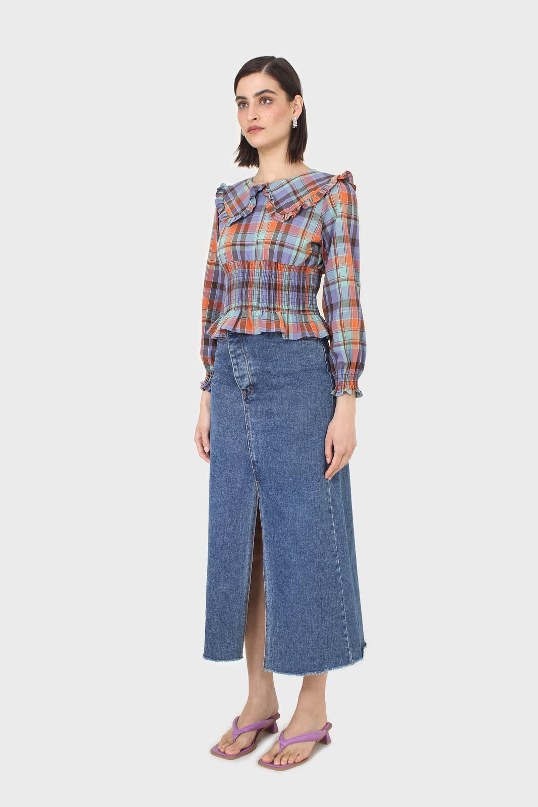 Blue and orange checked large collar blouse_7