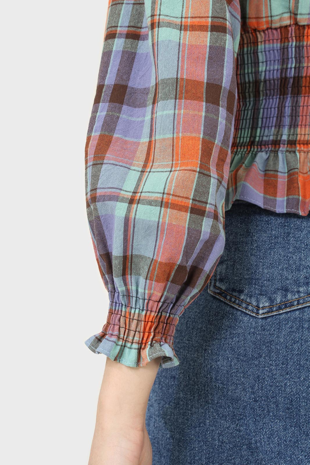 Blue and orange checked large collar blouse_10