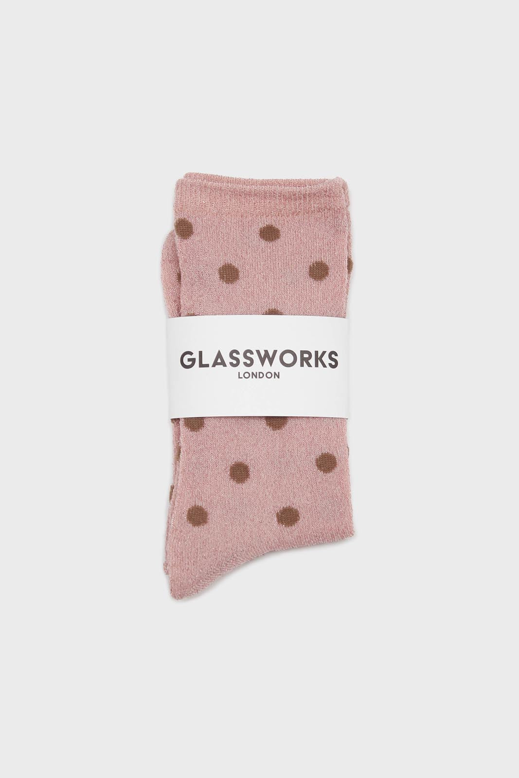 Pink and beige metallic polka dot socks_4