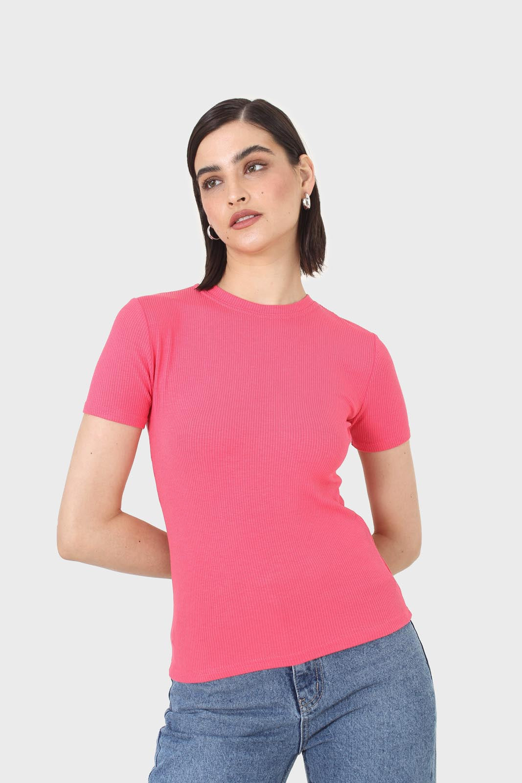 Coral cotton blend crew neck tee_1