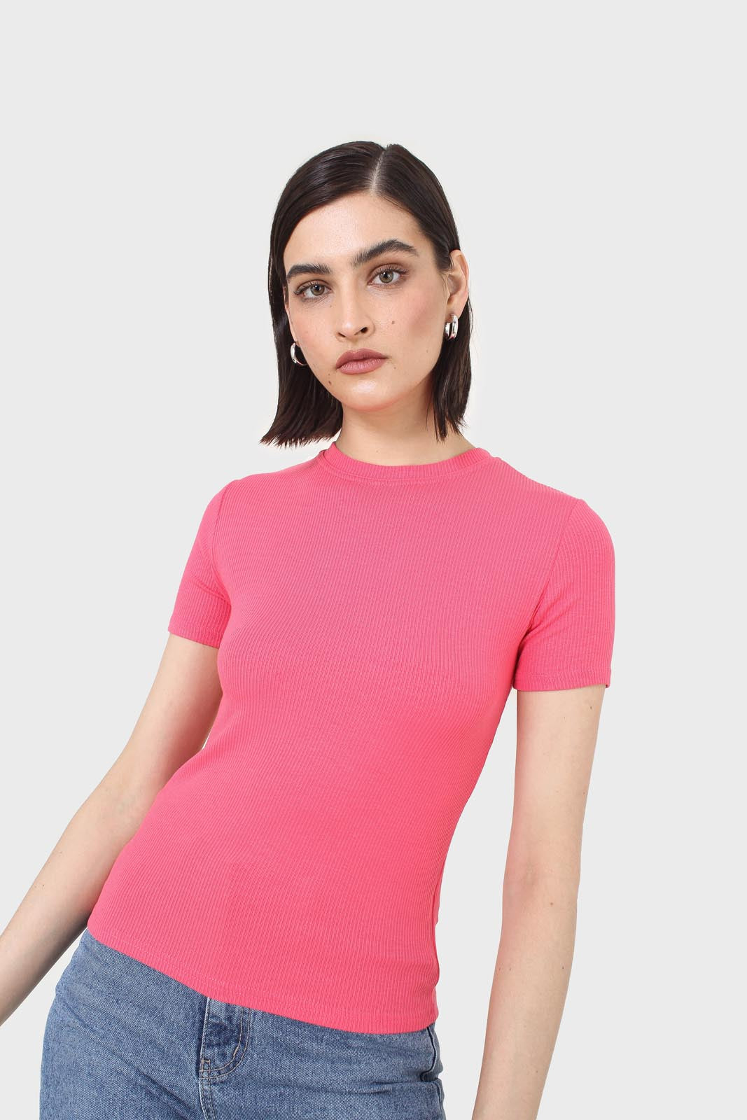 Coral cotton blend crew neck tee_5