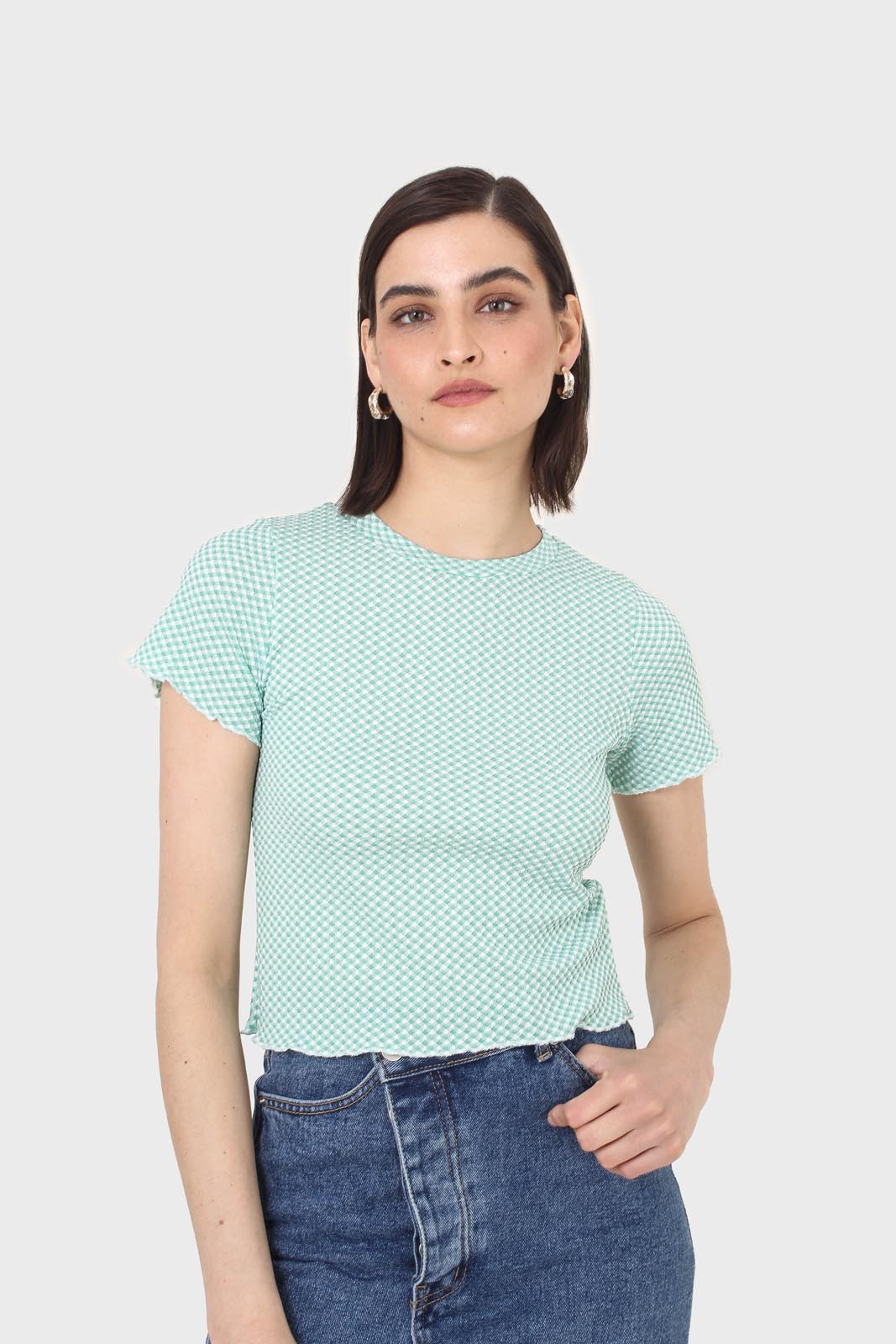 Green and ivory lettuce hem top_1
