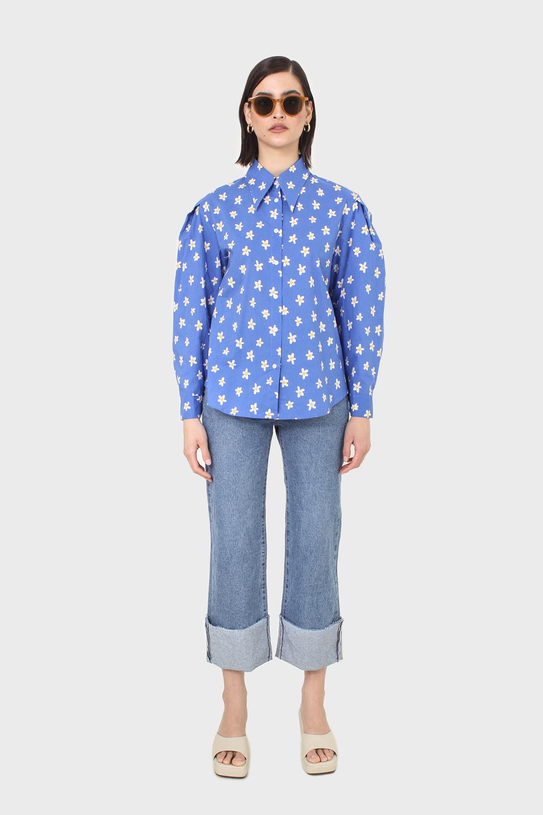 Cobalt blue daisy print shirt_6