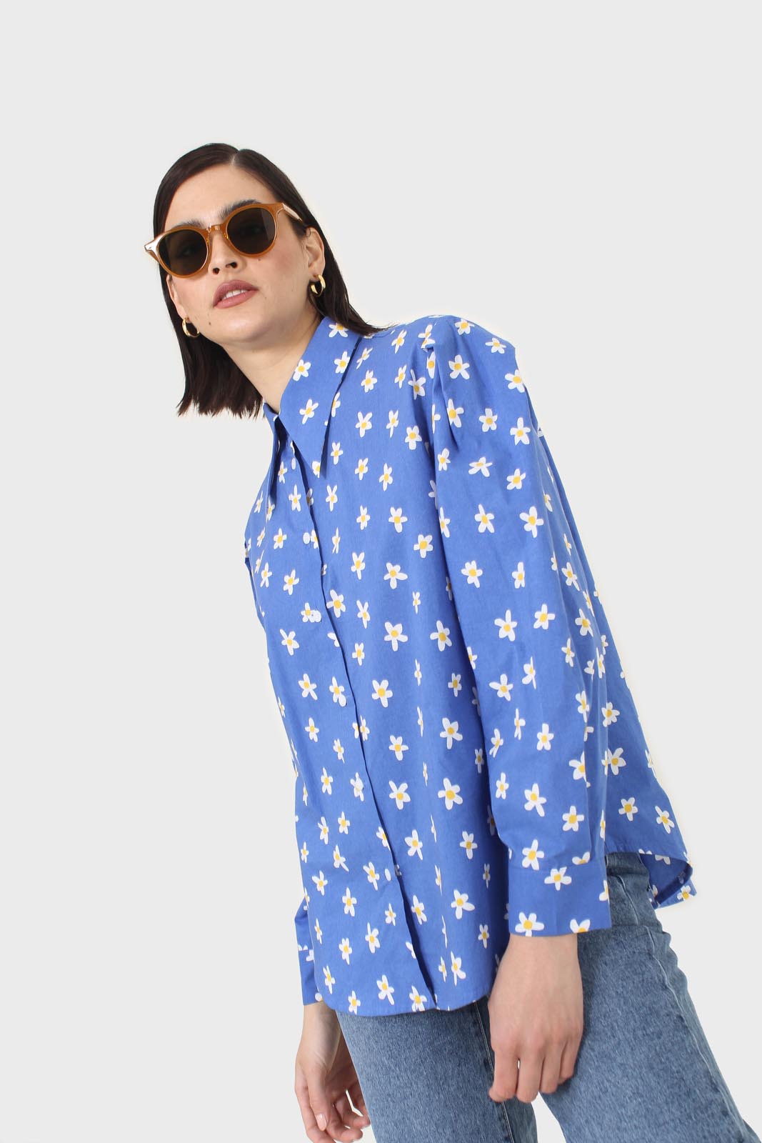 Cobalt blue daisy print shirt_10