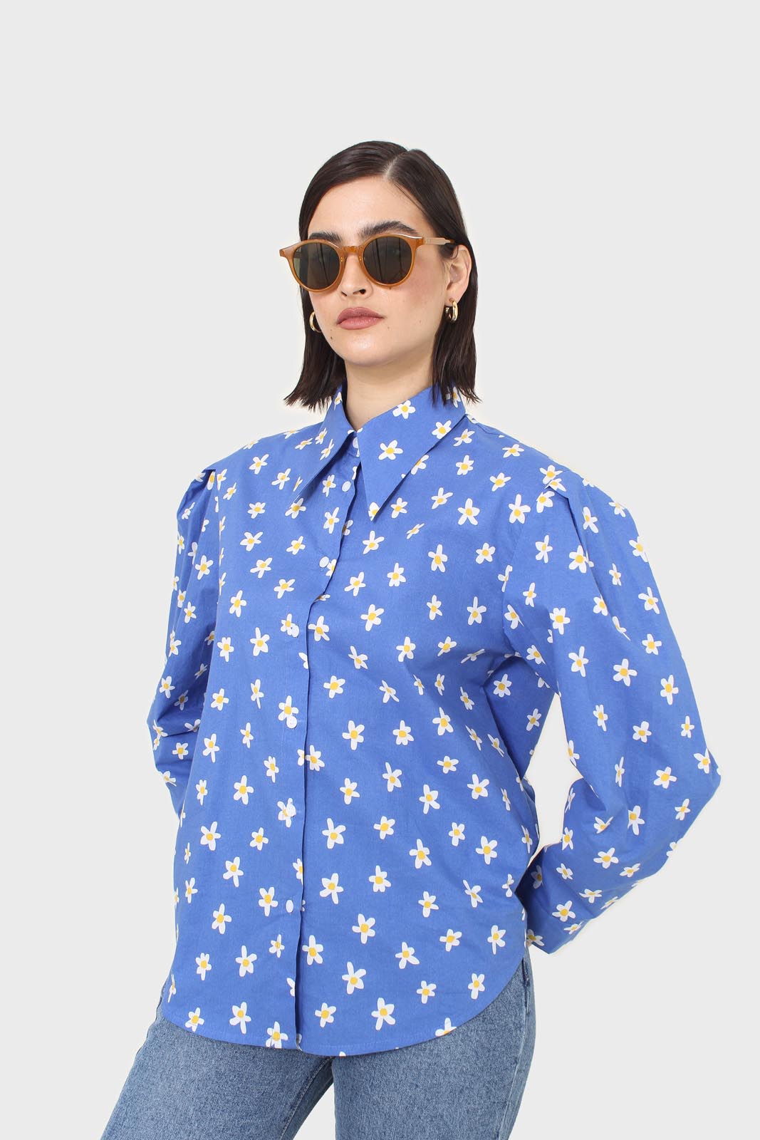 Cobalt blue daisy print shirt_11