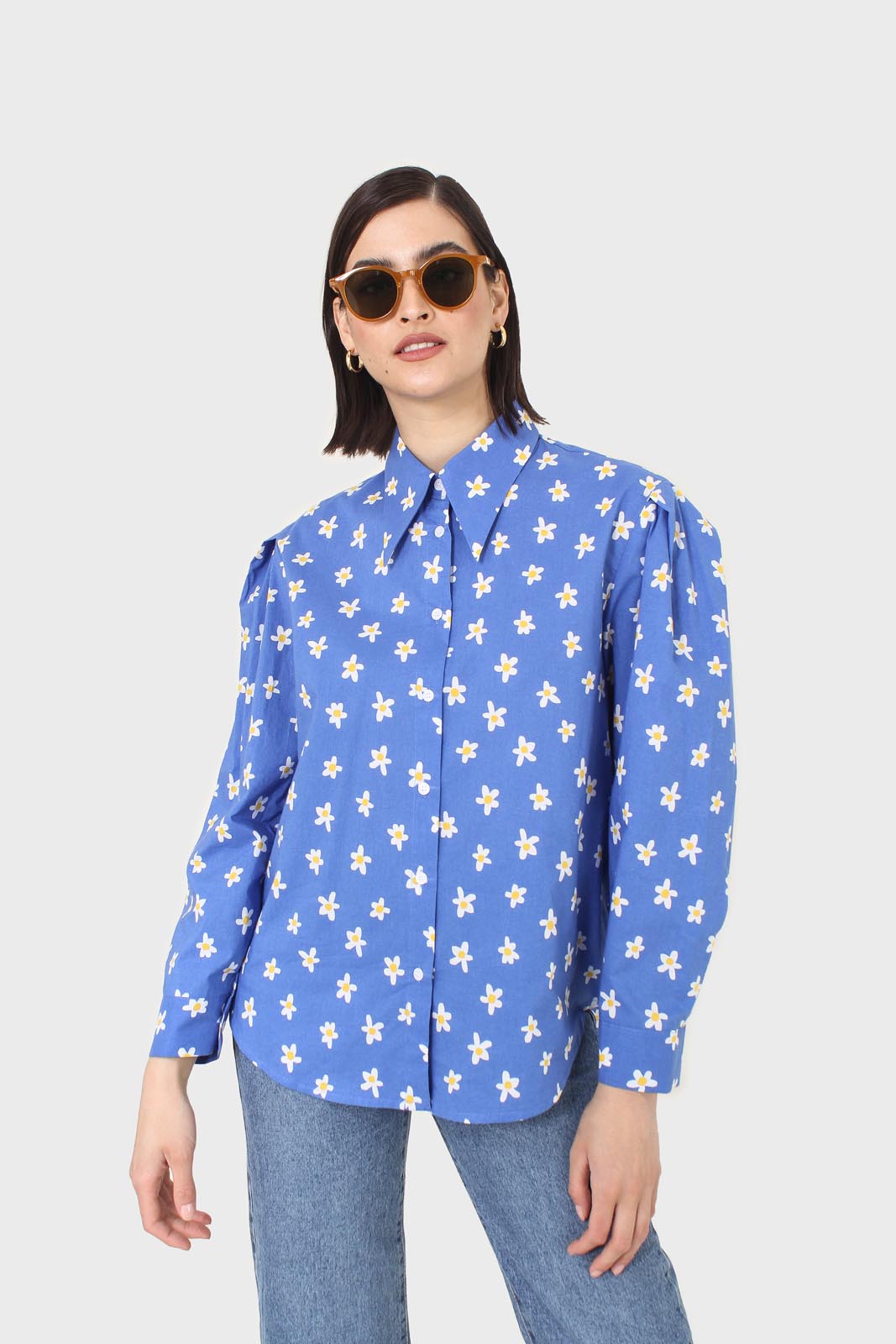 Cobalt blue daisy print shirt_1