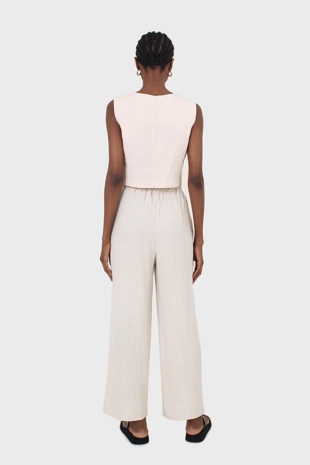 Oatmeal elasticated waist tie front linen trousers_4