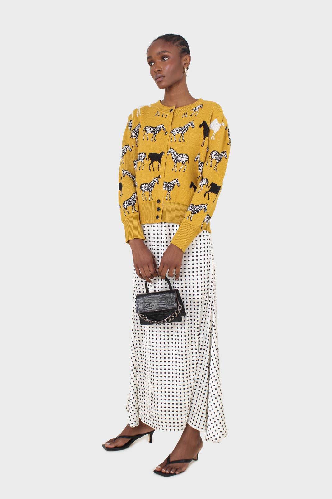 Mustard zebra metal button puff sleeved cardigan_4