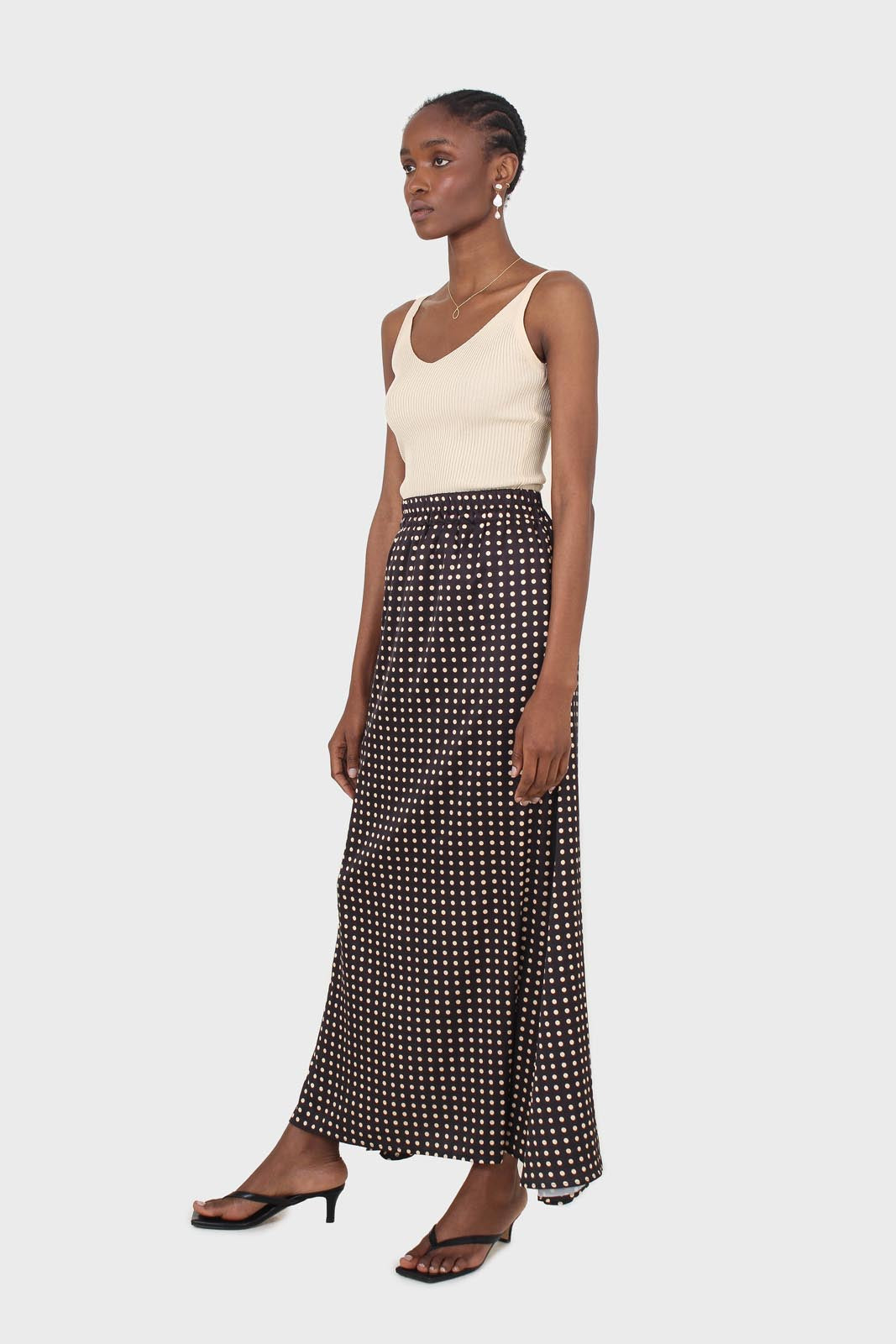 Black and beige polka dot elasticated waistband maxi skirt_4