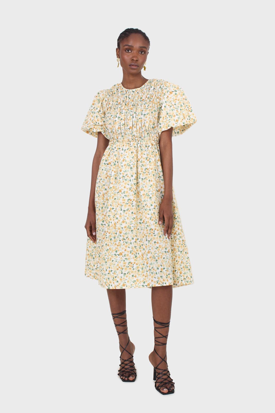 Ivory and orange tiny floral print ruched midi dress_1