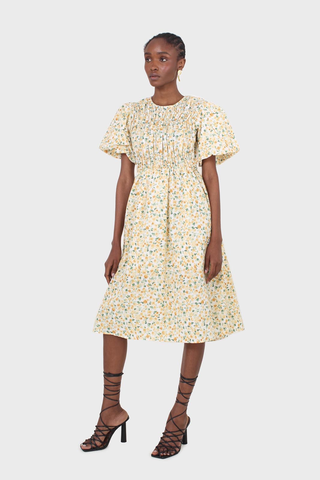 Ivory and orange tiny floral print ruched midi dress_6