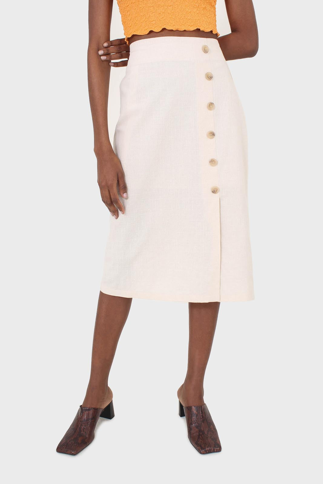 Ivory faux side button midi skirt_1