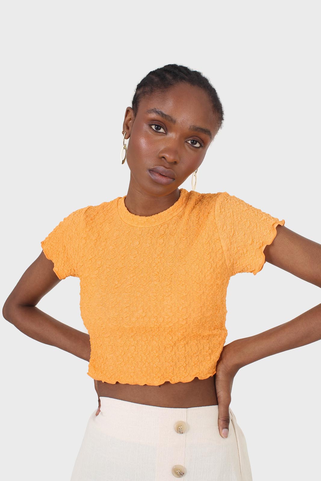 Orange shirring crew neck tee_1