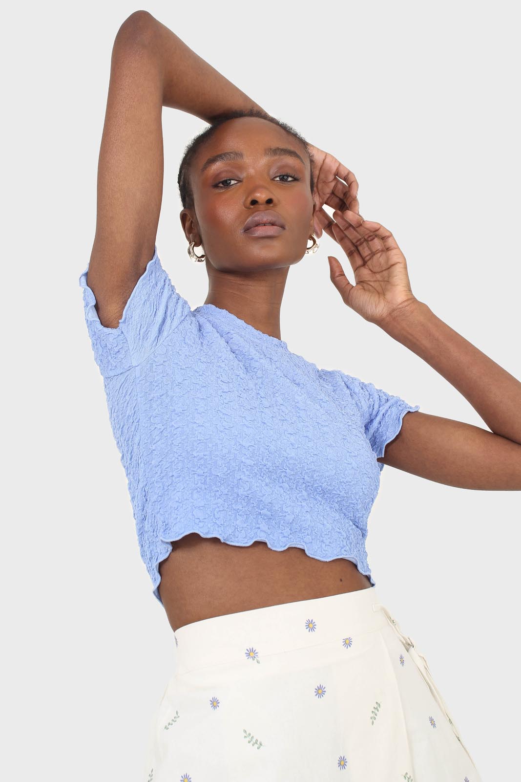 Blue shirring crew neck tee_7