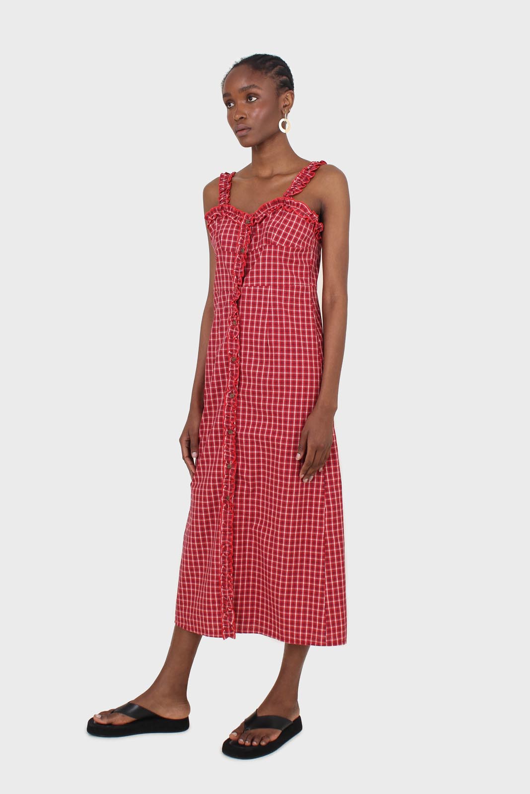 Red checked frill neckline button front midi dress_7