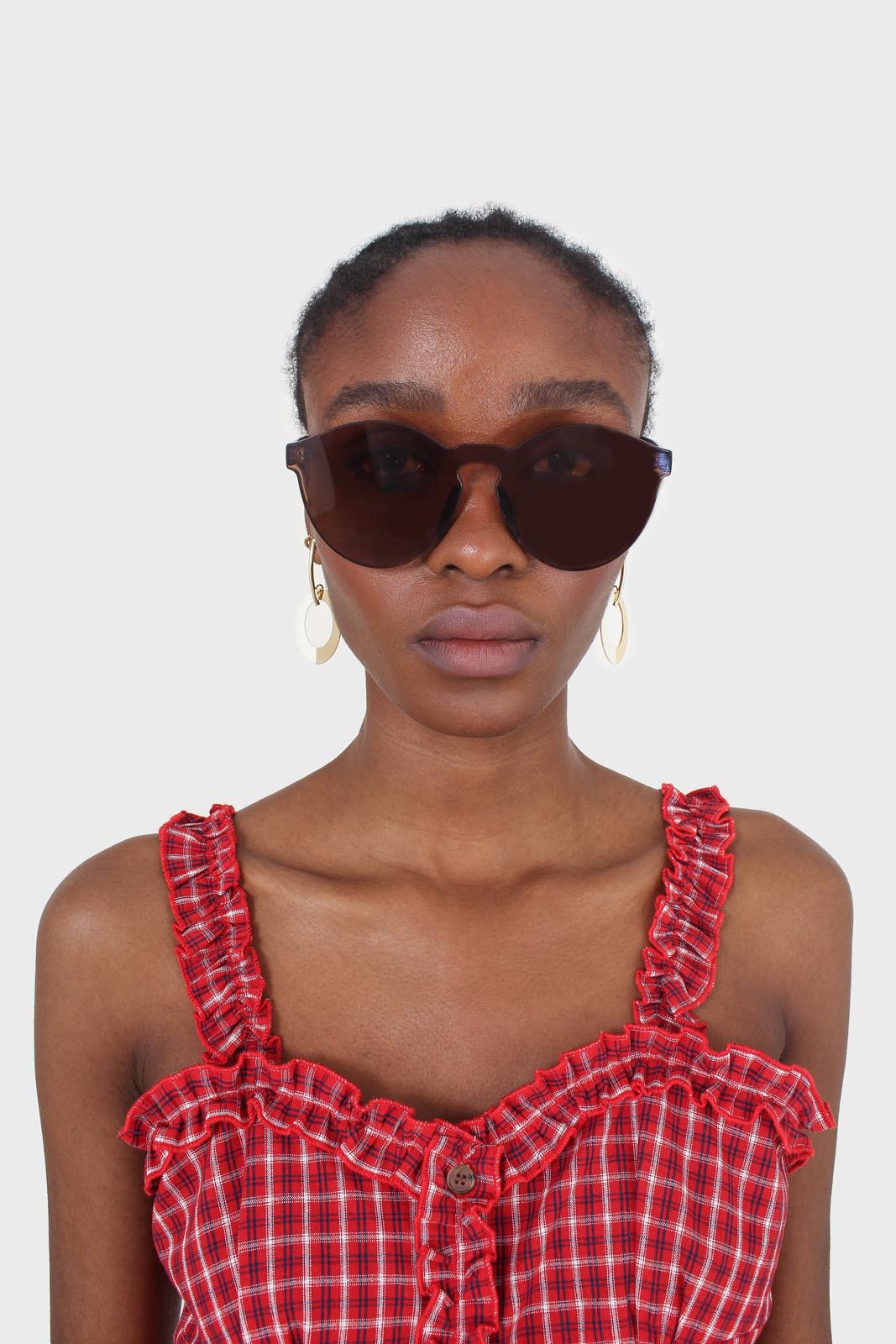 Red checked frill neckline button front midi dress_11