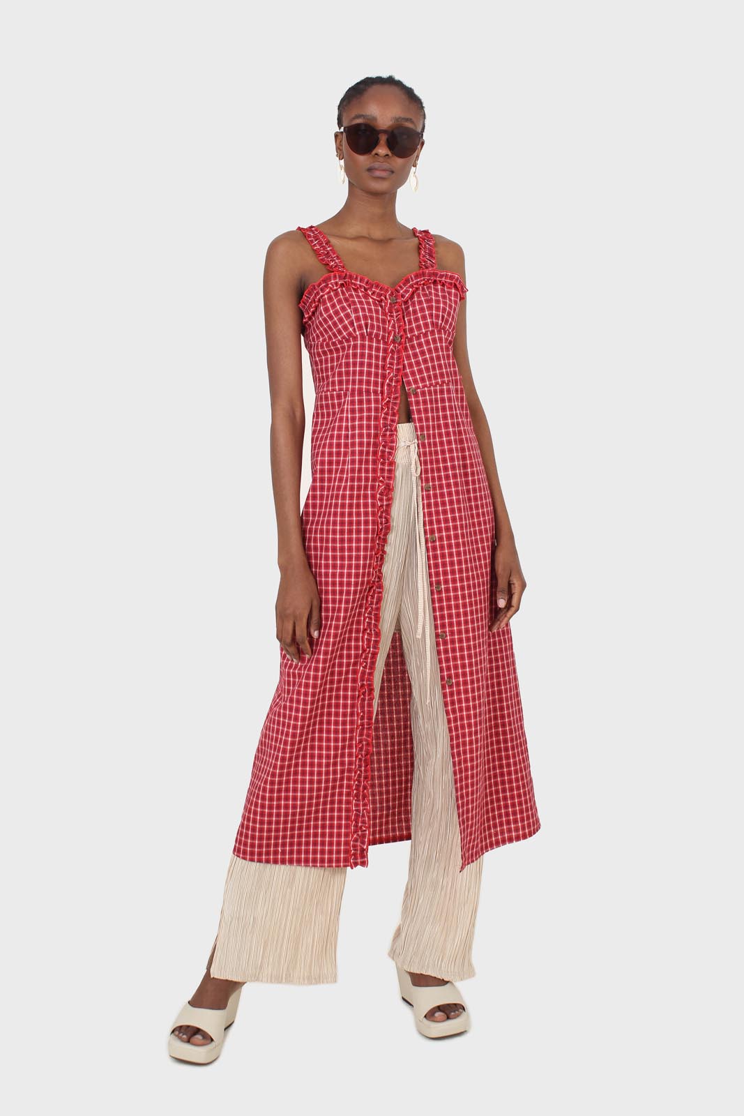 Red checked frill neckline button front midi dress_1