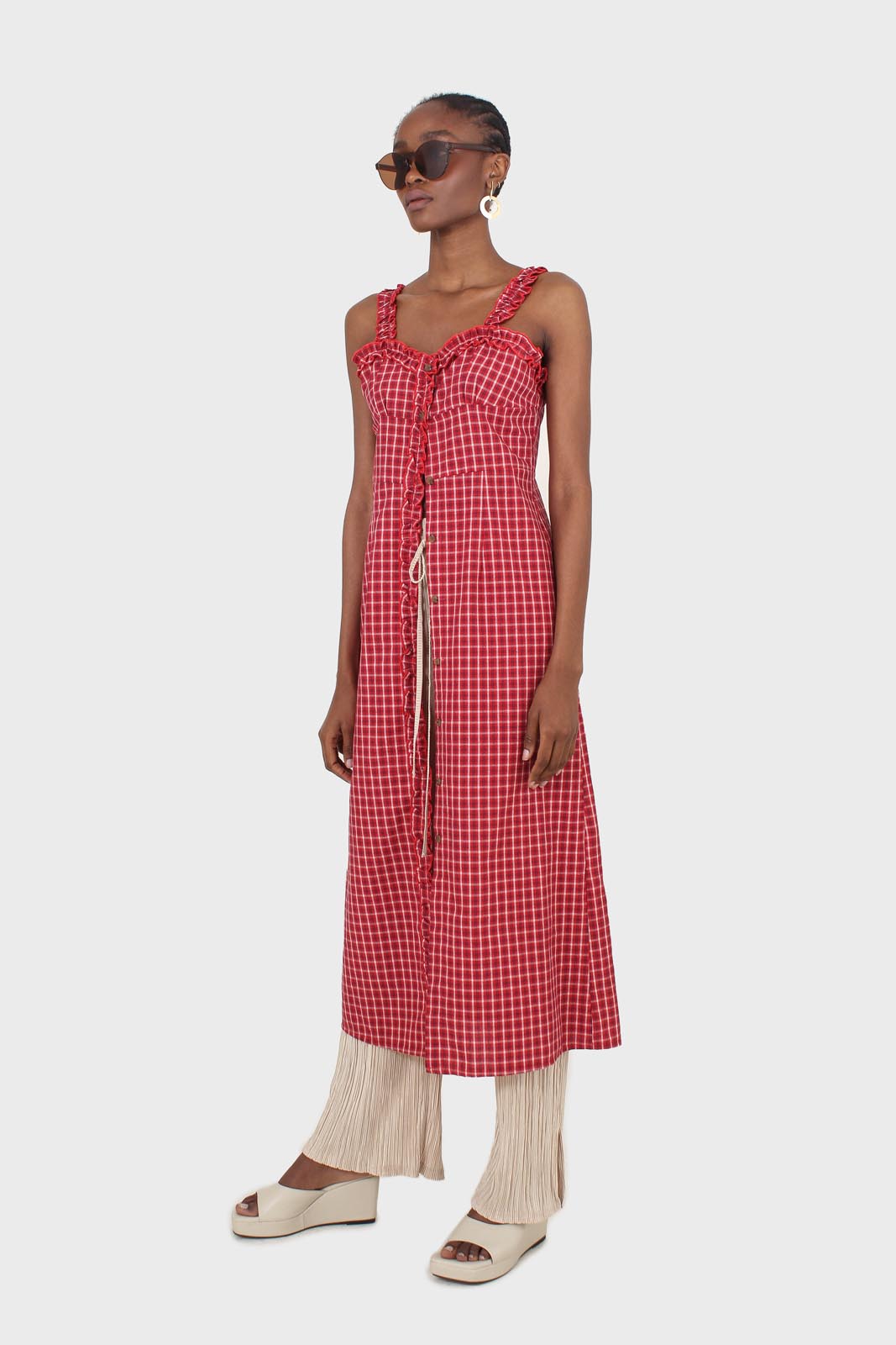Red checked frill neckline button front midi dress_5