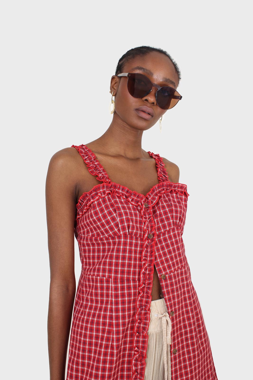 Red checked frill neckline button front midi dress_3