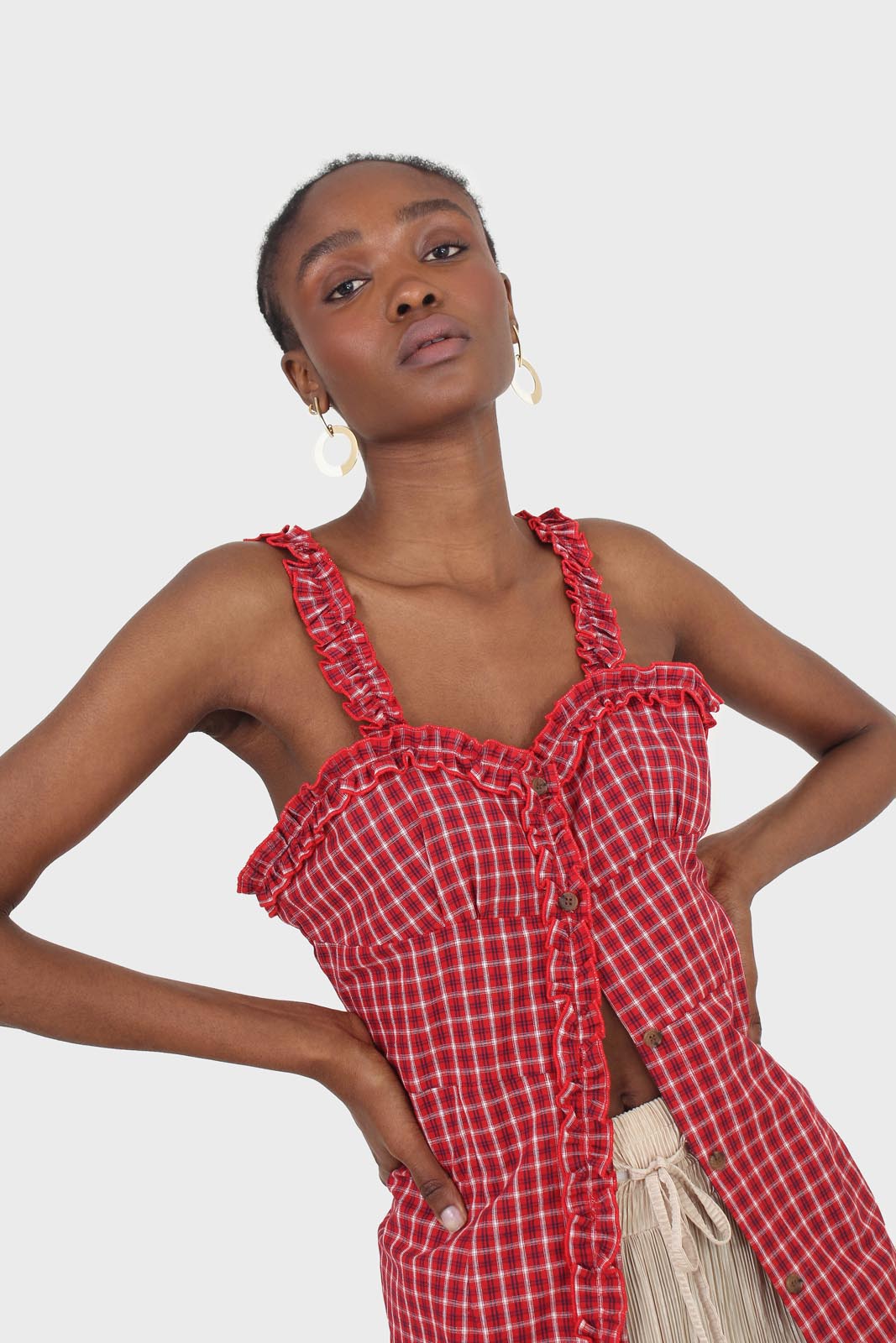 Red checked frill neckline button front midi dress_2