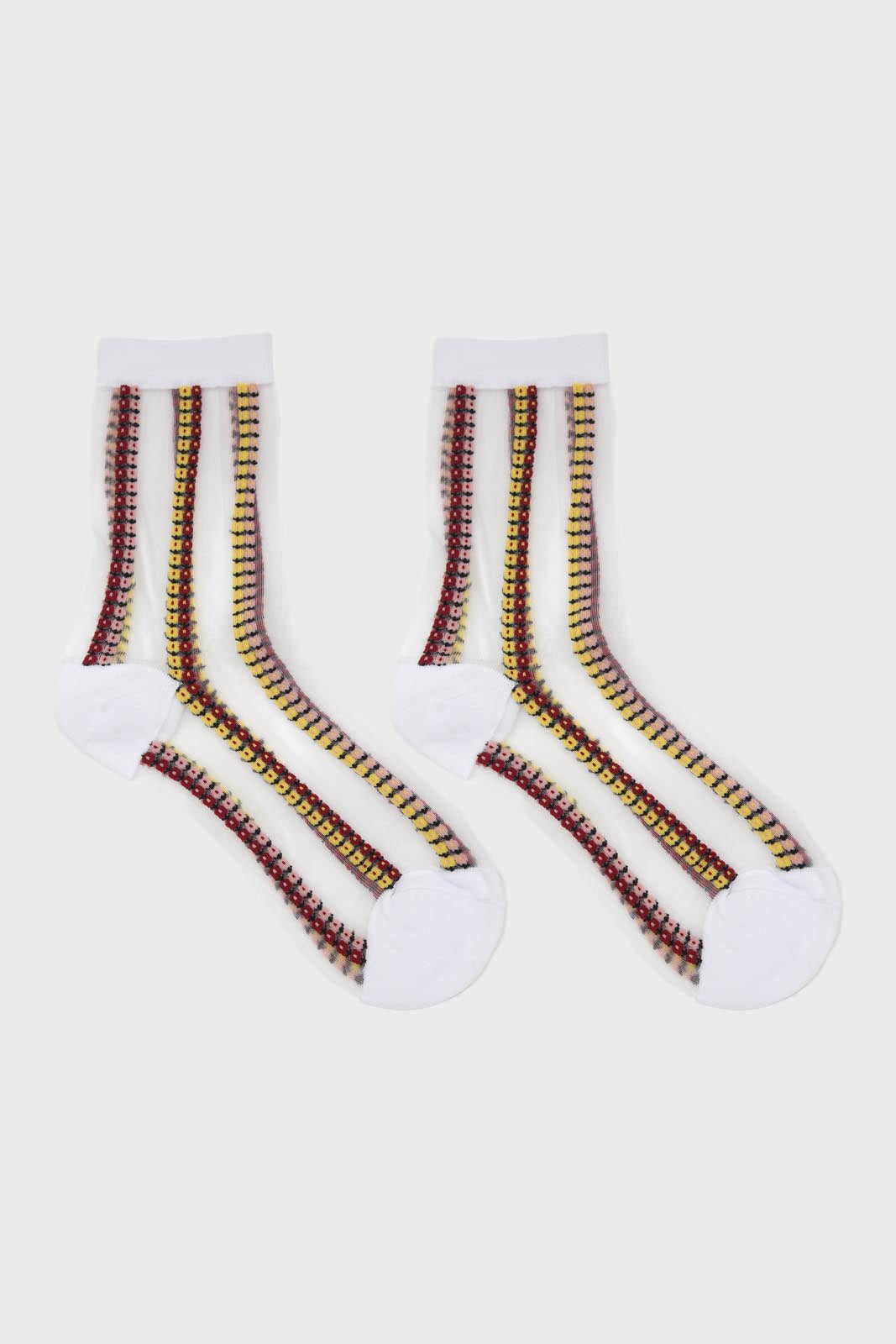 Burgundy and yellow floral stripe sheer socks_3