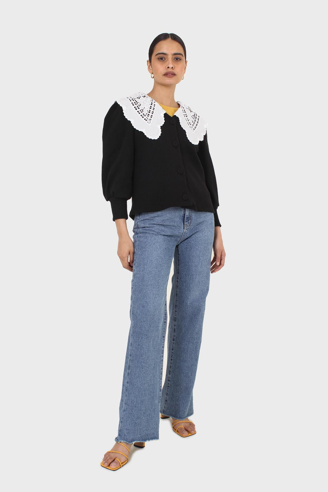 Black and ivory detachable lace collar cardigan_4