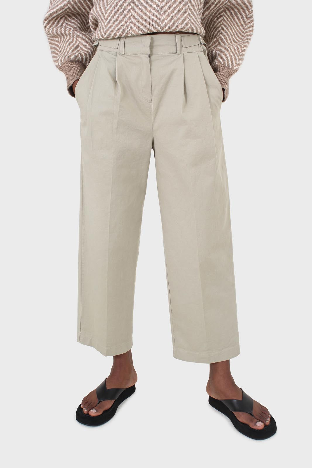 Khaki pleat front adjustable waistband trousers_1