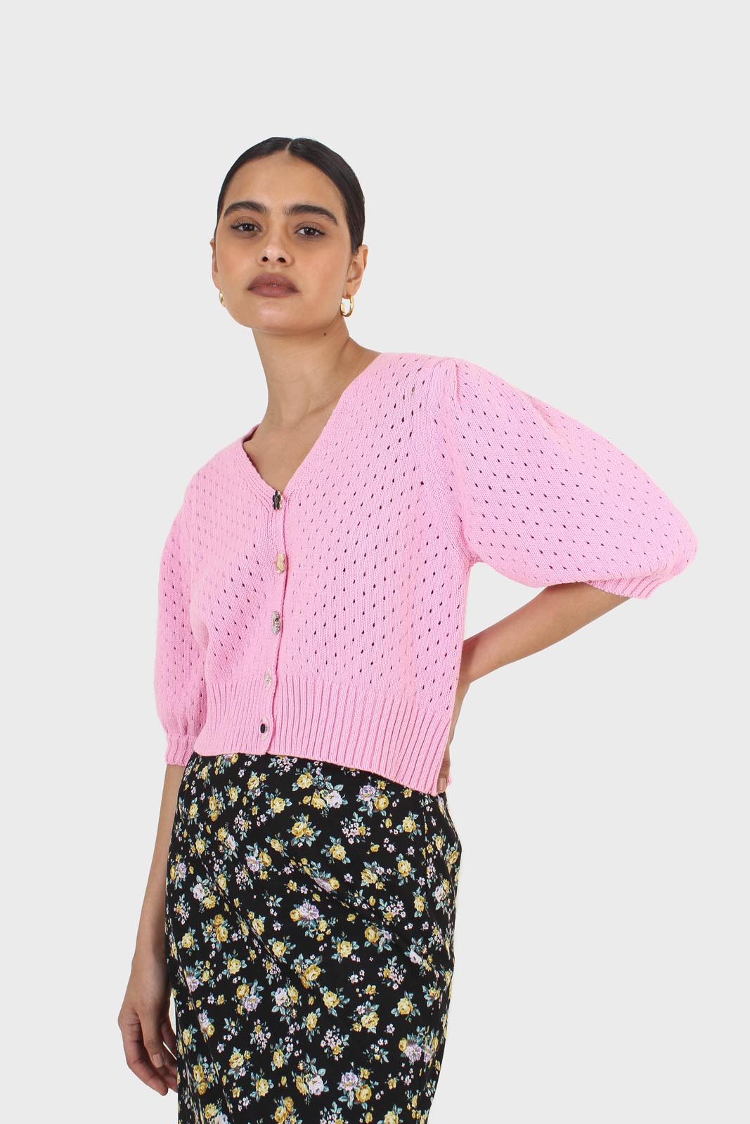 Pink flower button cardigan_1