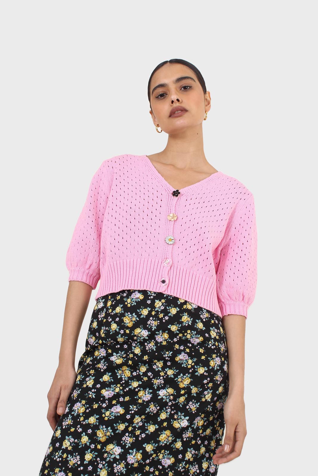 Pink flower button cardigan_6