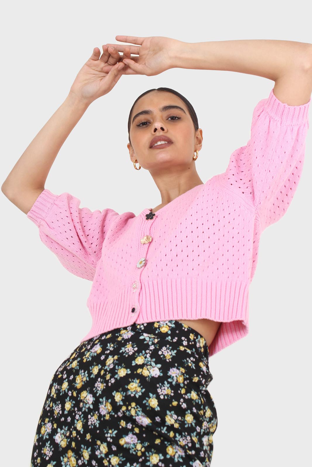 Pink flower button cardigan_7