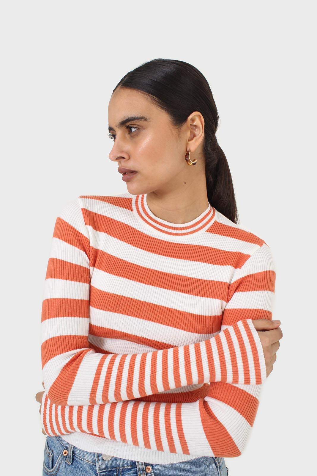 Orange and white breton stripe long sleeved top_9