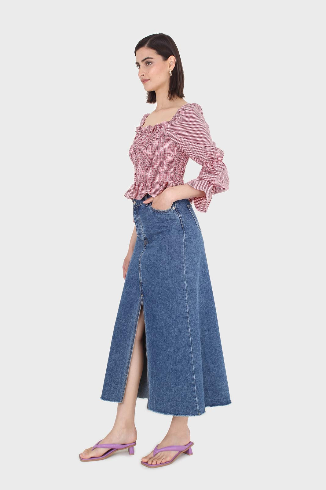 Red and white gingham ruched blouse_4