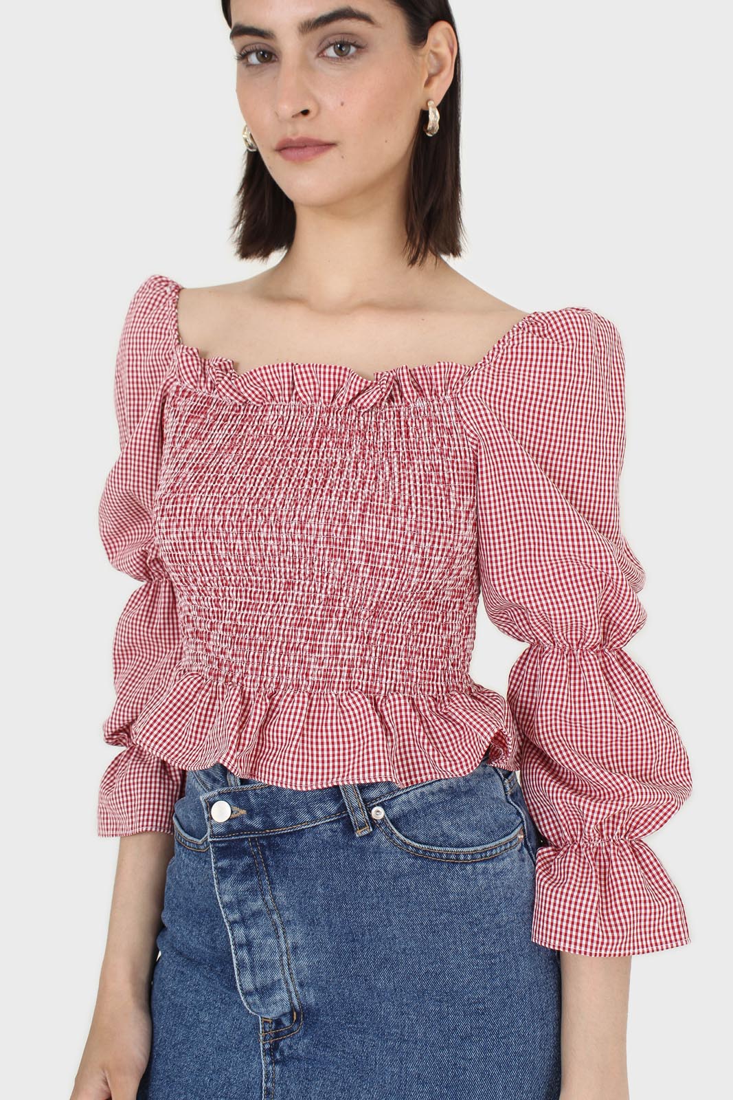 Red and white gingham ruched blouse_9