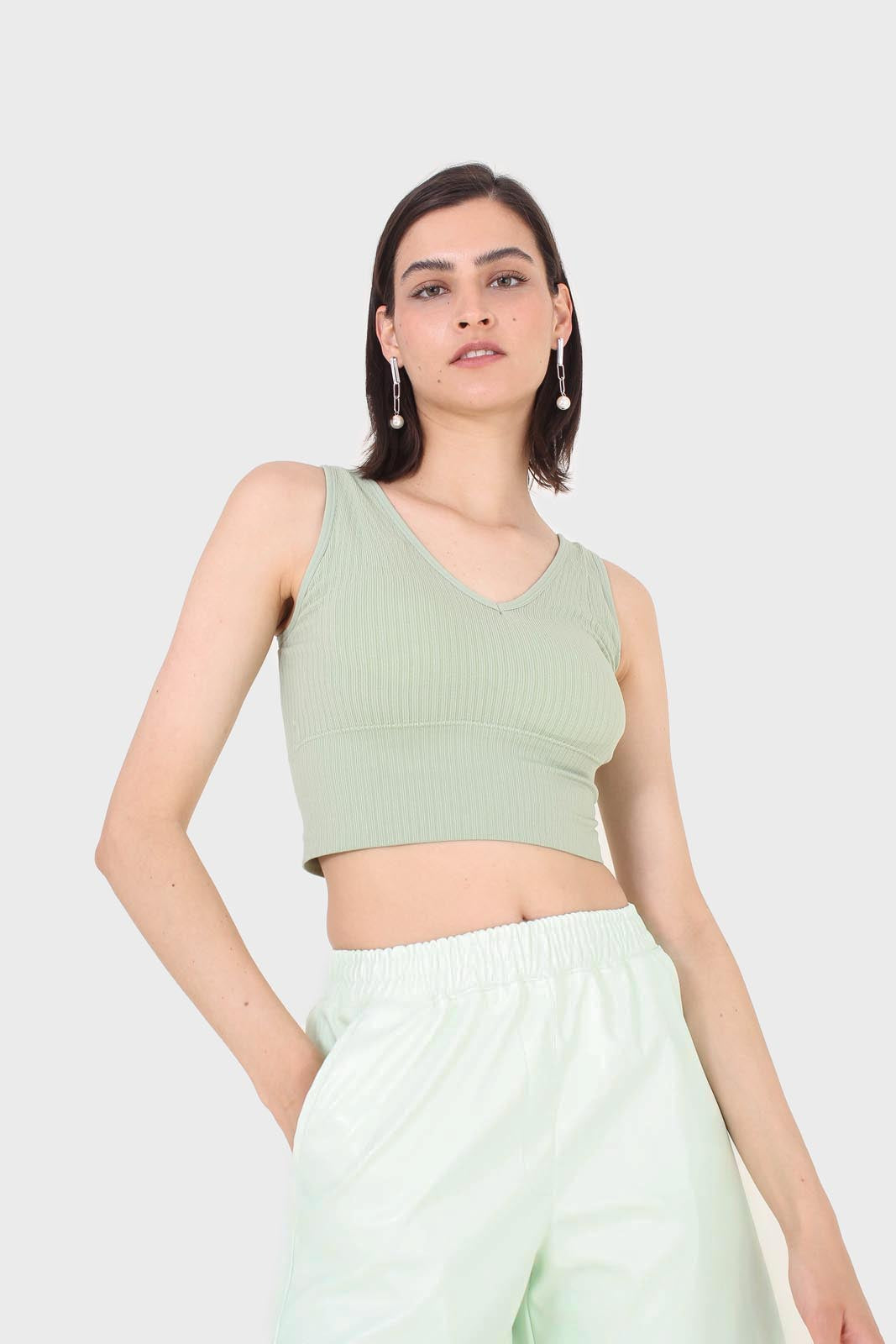 Sage green ribbed thick band v-neck bra top_6