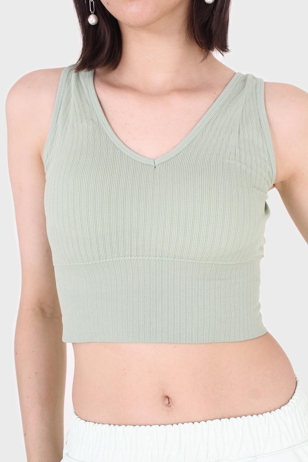 Sage green ribbed thick band v-neck bra top_3