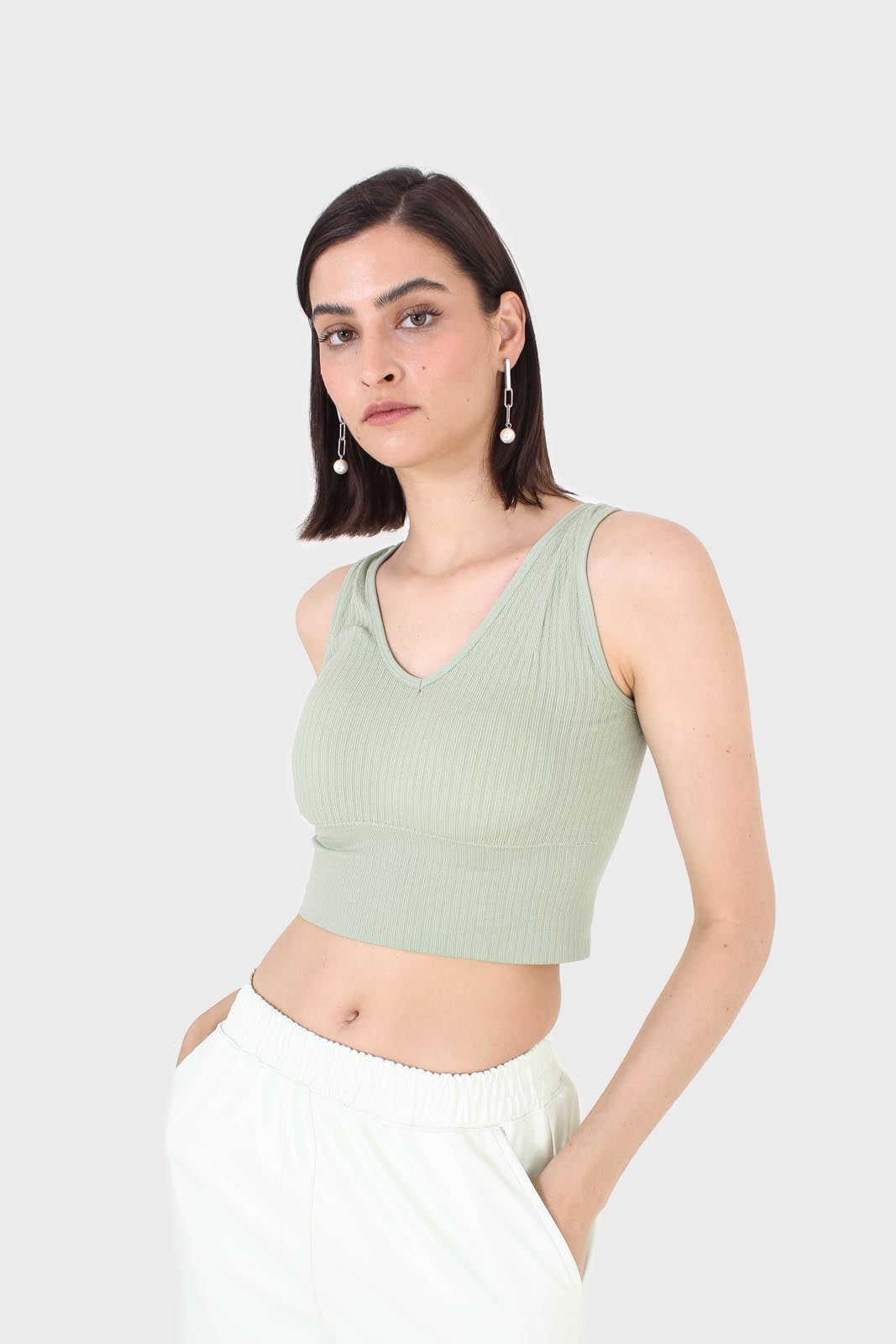 Sage green ribbed thick band v-neck bra top_5