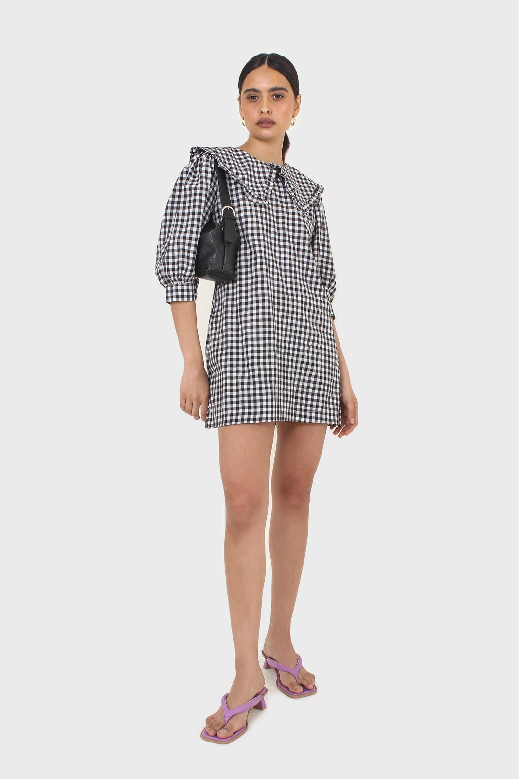 Black and ivory gingham large collar mini dress_1