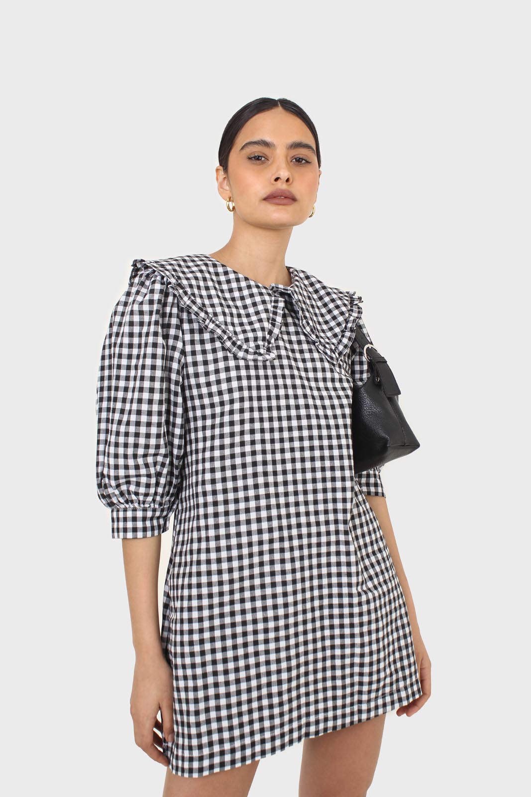 Black and ivory gingham large collar mini dress_6
