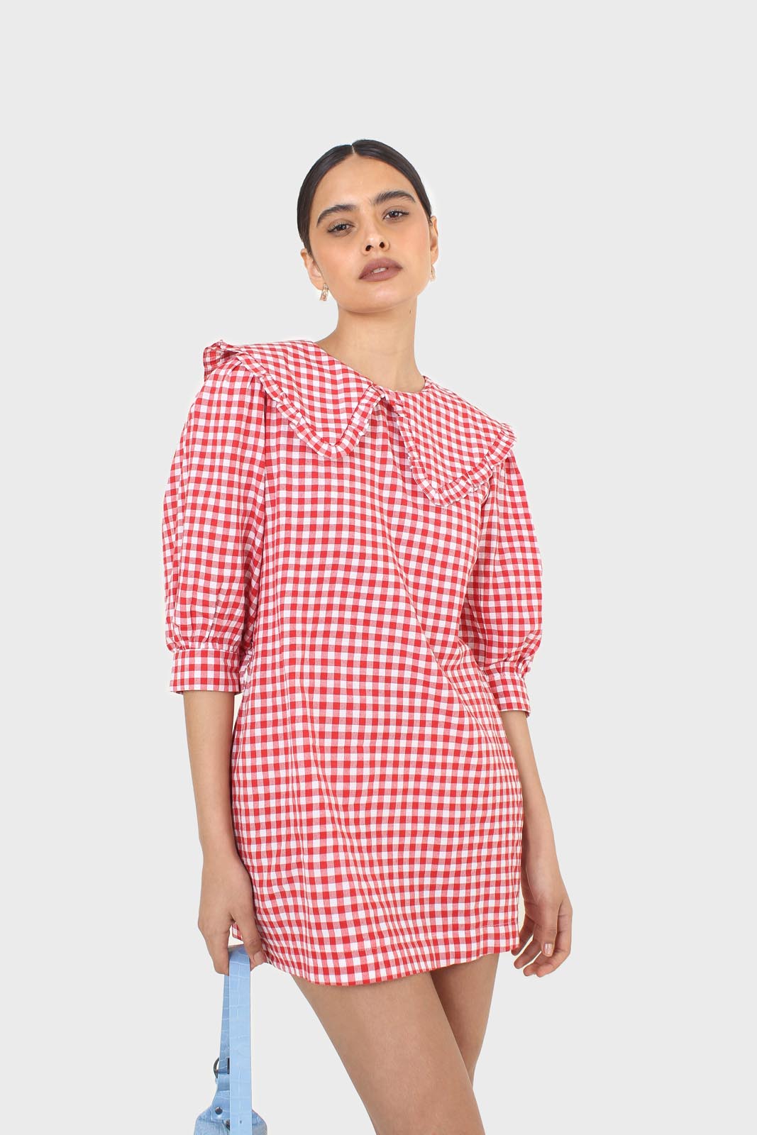 Red and ivory gingham large collar mini dress_9