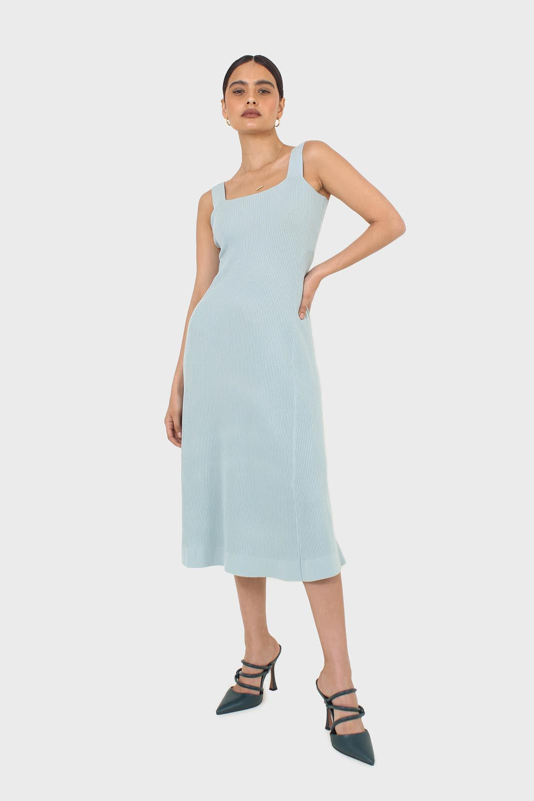 Blue square neckline ribbed midi dress_1
