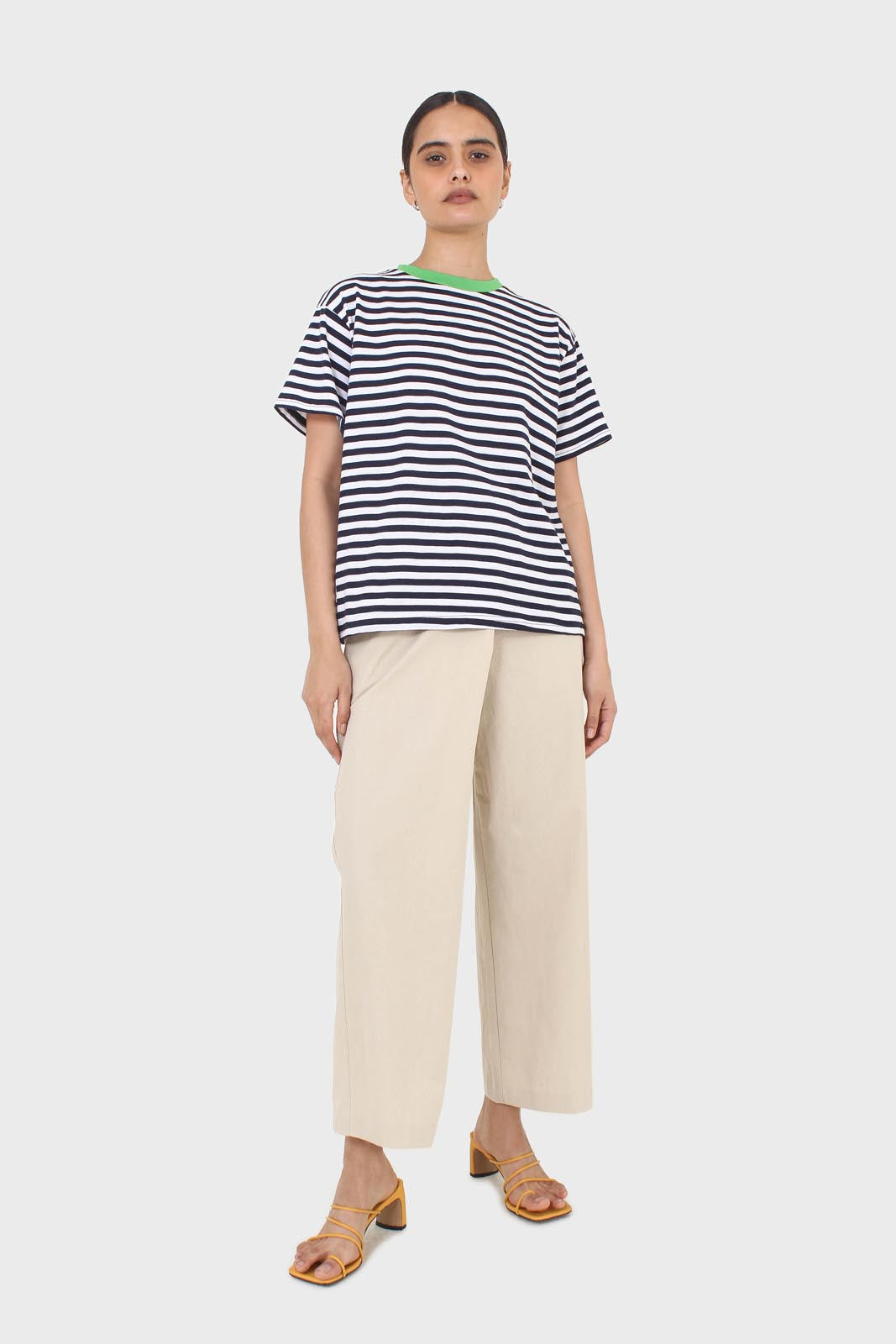 Beige asymmetric closure straight leg trousers_3