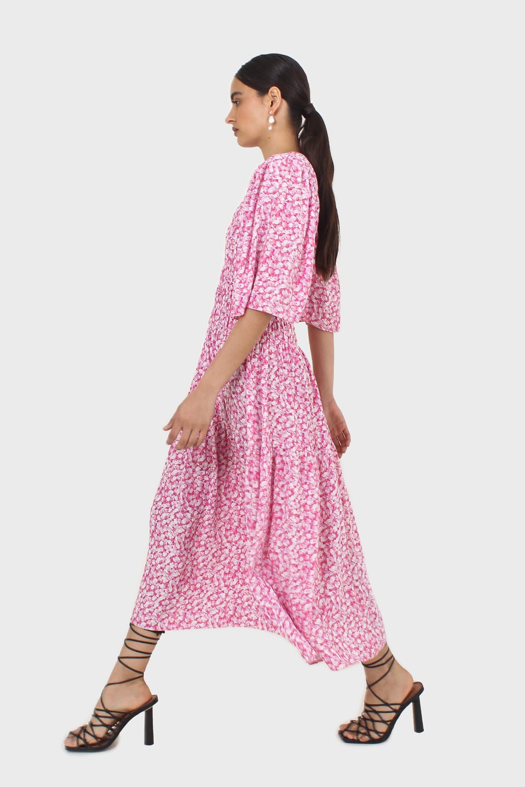 Pink tiny flower smocked bodice midi dress_5