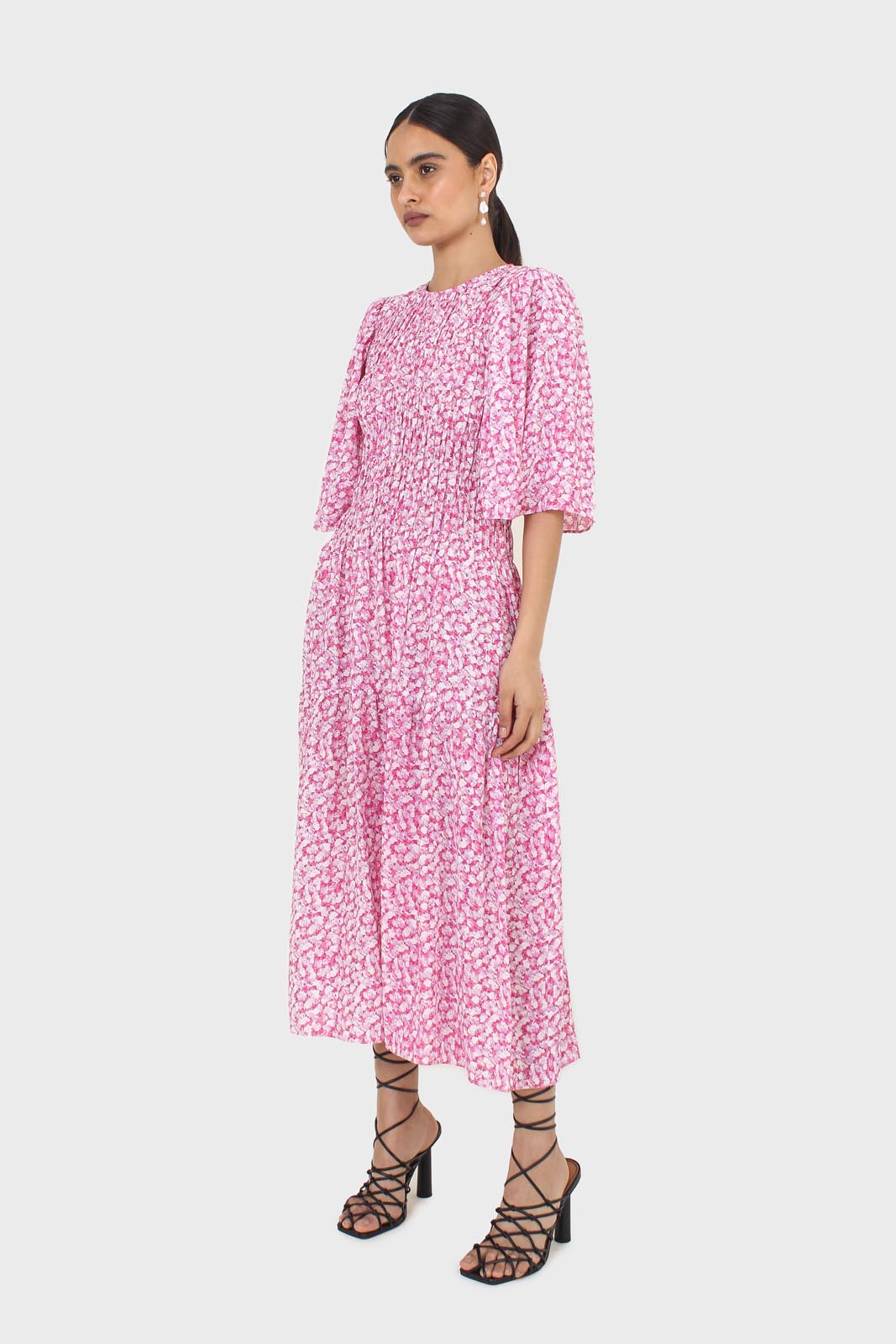 Pink tiny flower smocked bodice midi dress_3