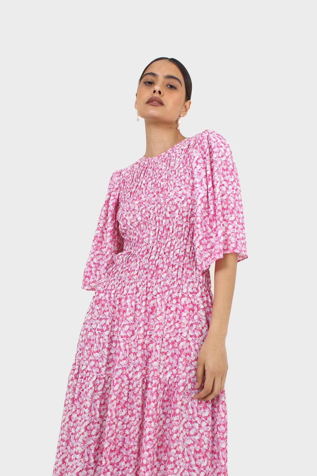 Pink tiny flower smocked bodice midi dress_10