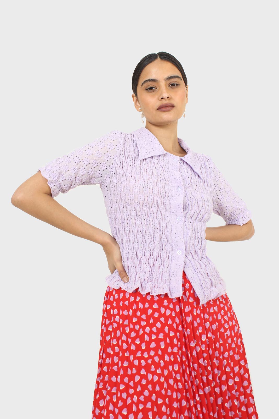 Lilac textured cropped collared short sleeved shirt_6
