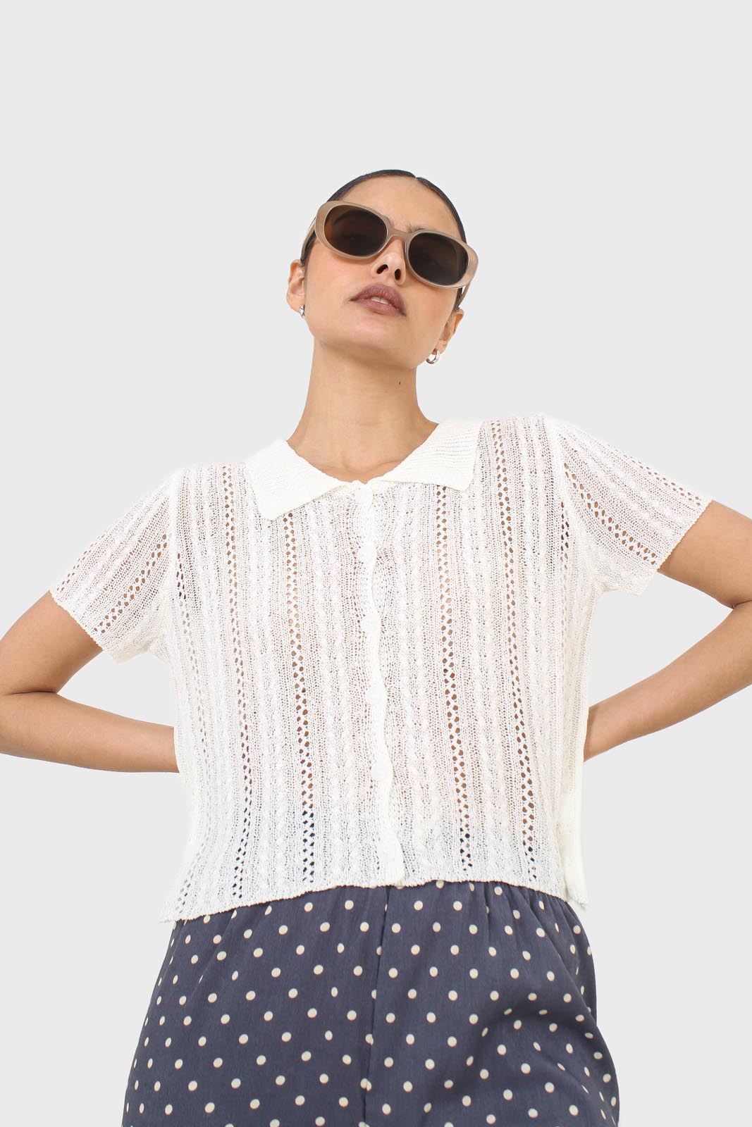 Ivory textured short sleeved cardigan top_10