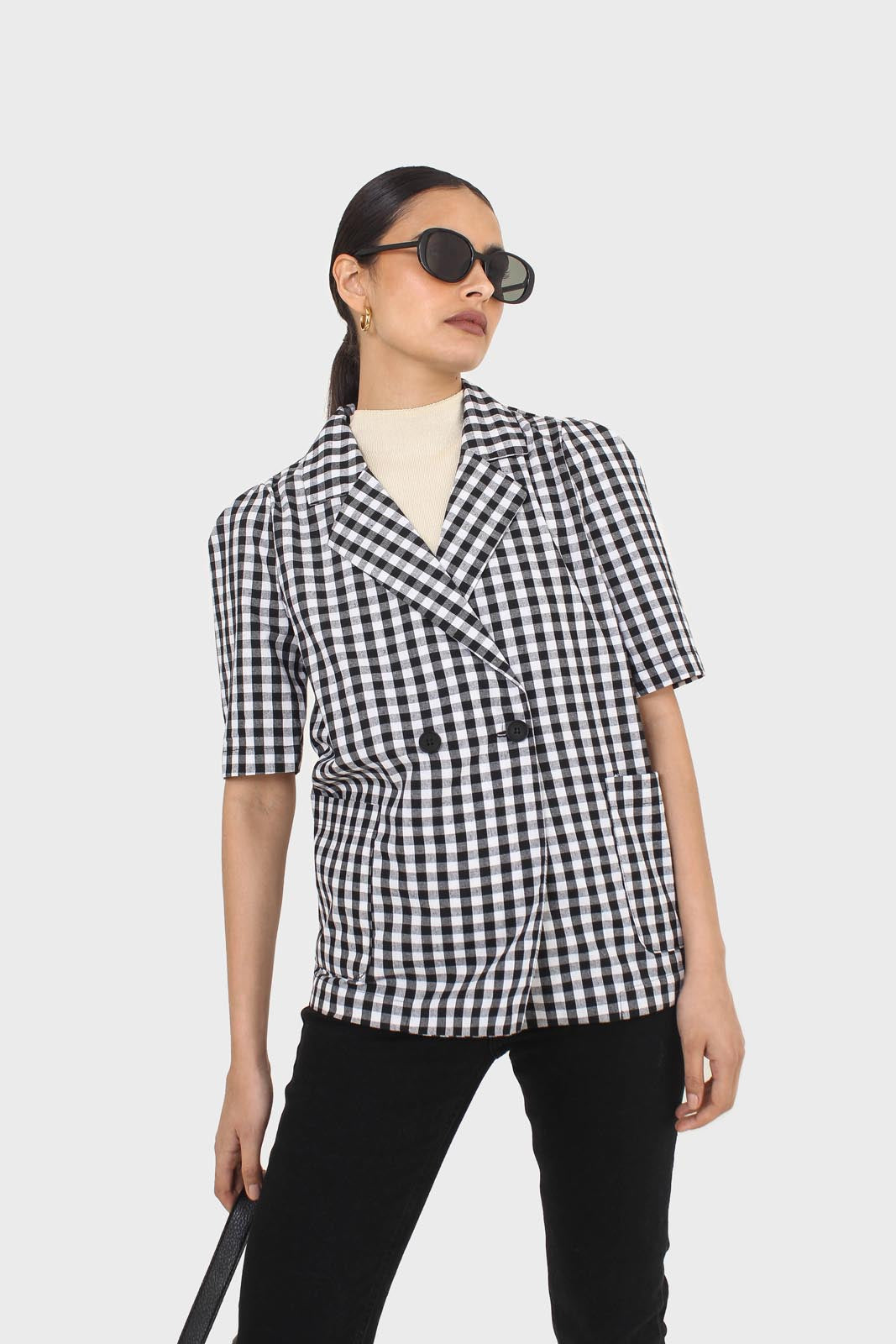 Black and ivory checked short sleeved blazer_4